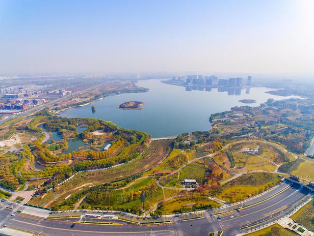 航拍郑州北龙湖湿地公园:秋意尚未走远,树木染黄润红,初冬景色美如画卷